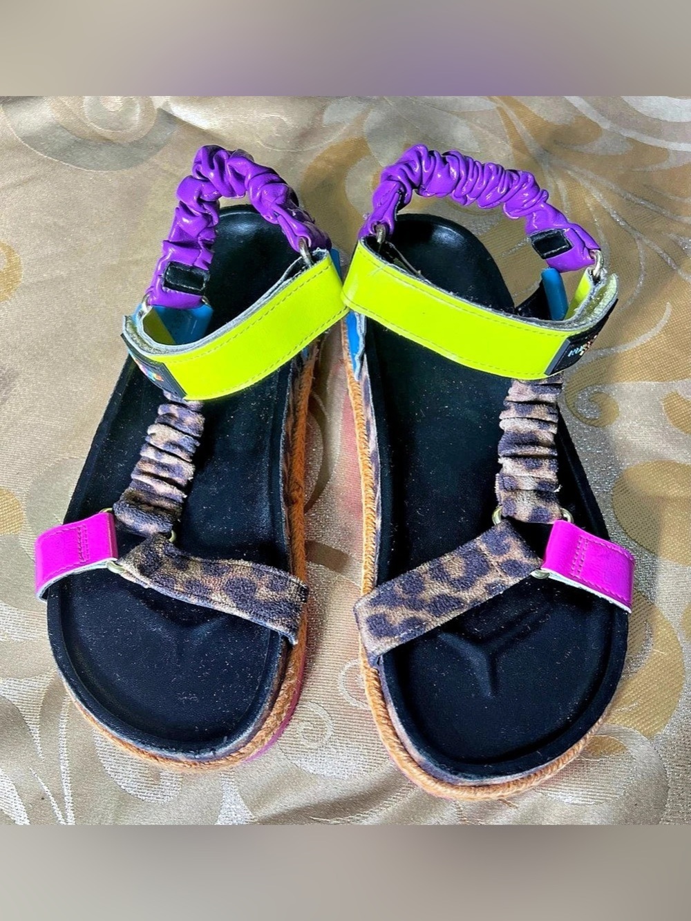 Kurt Geiger London Mini Orion Espadrille Sandals Multi-Color Neon Leopard Girls
